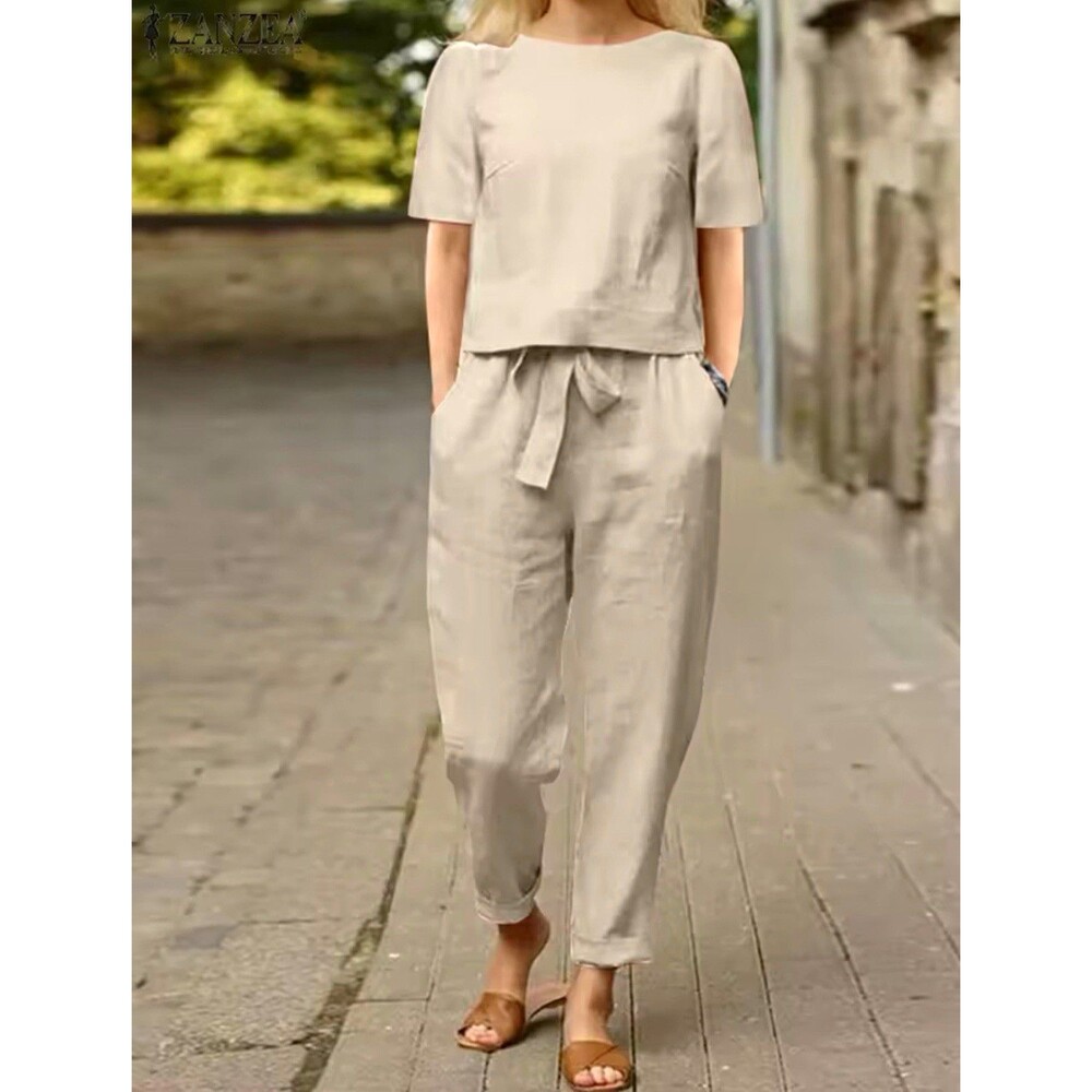 Zanzea Women’s Beige Cotton 2pc Outfit Set Top & Pants Size Small